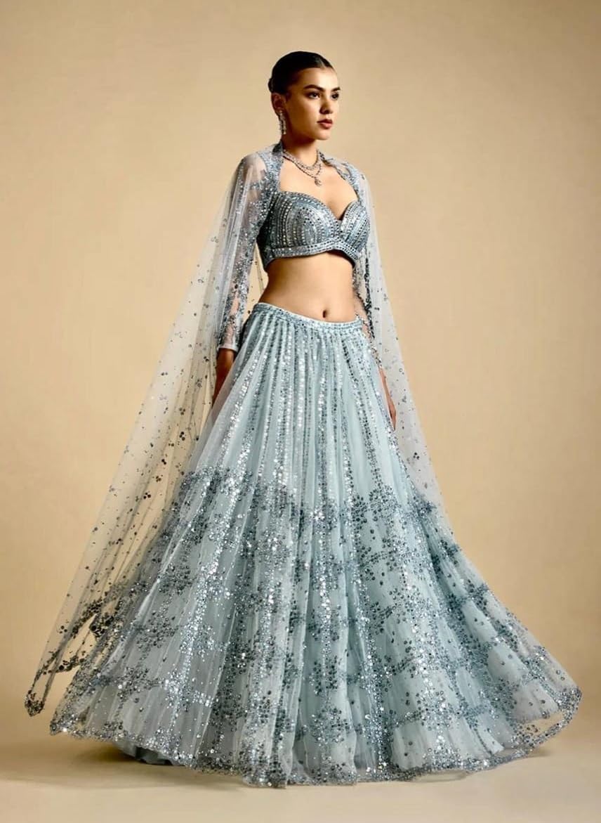 Hochzeitskleidung Lehenga Netz mit Sequenzarbeit Lehenga Choli Set 15851