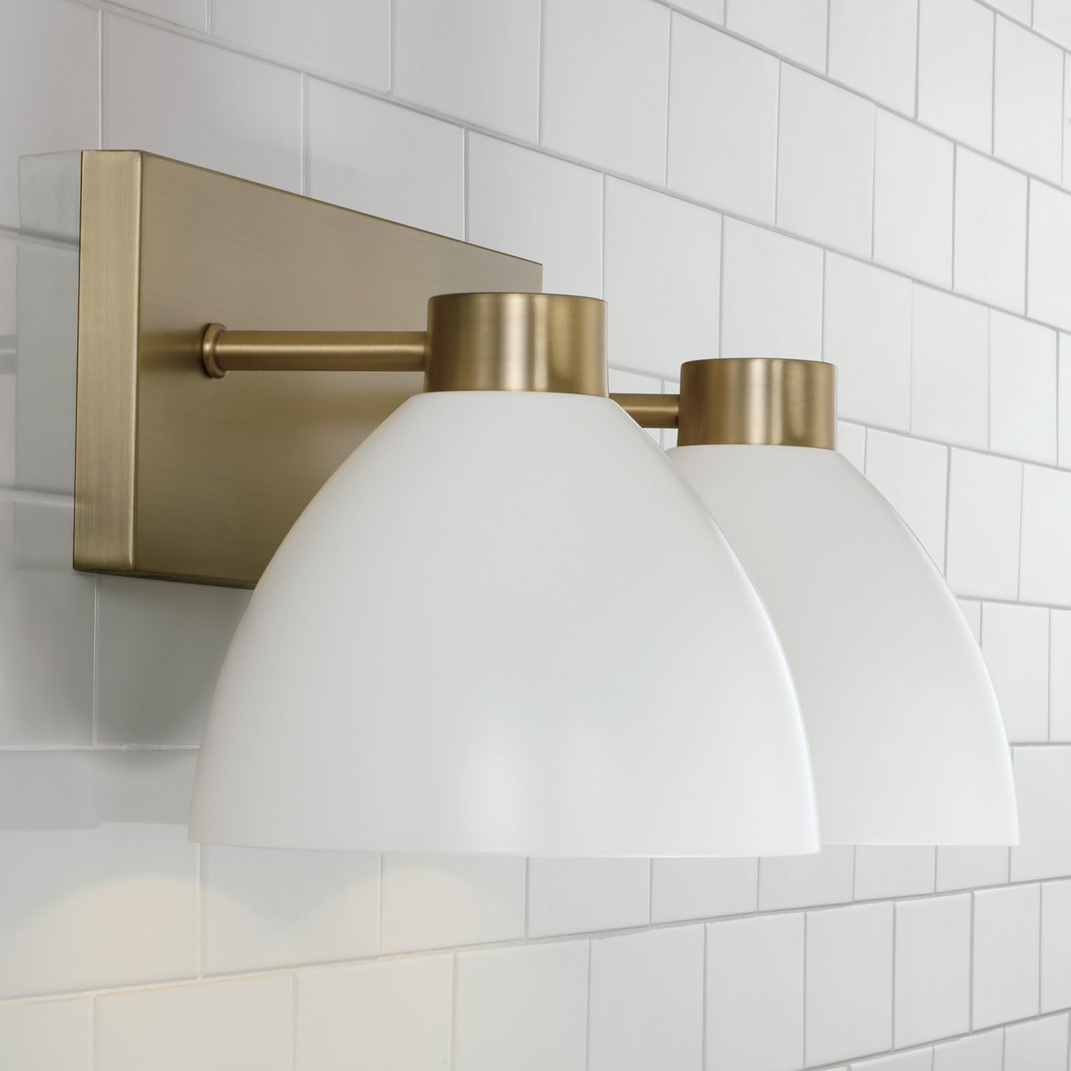 HomePlace by Capital Lighting 152021AW Ross Modern Luxe Art Deco Mid-Century Matte White Metal Cone Bath Vanity Wall Light, 2-Light 200 Total Watts, 8" H x 17" W, Aged Brass and White