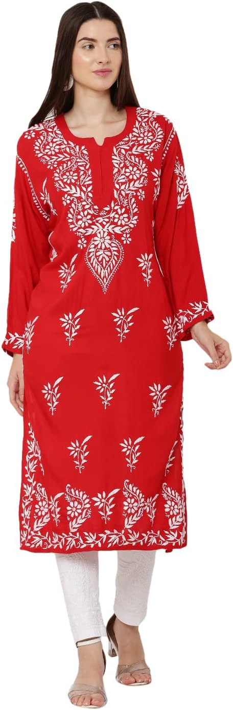 FAWOMENT Trendy Modal Straight Kurta with Impresively Designed and Hand Embroidered Lucknowi Chikankari for Women