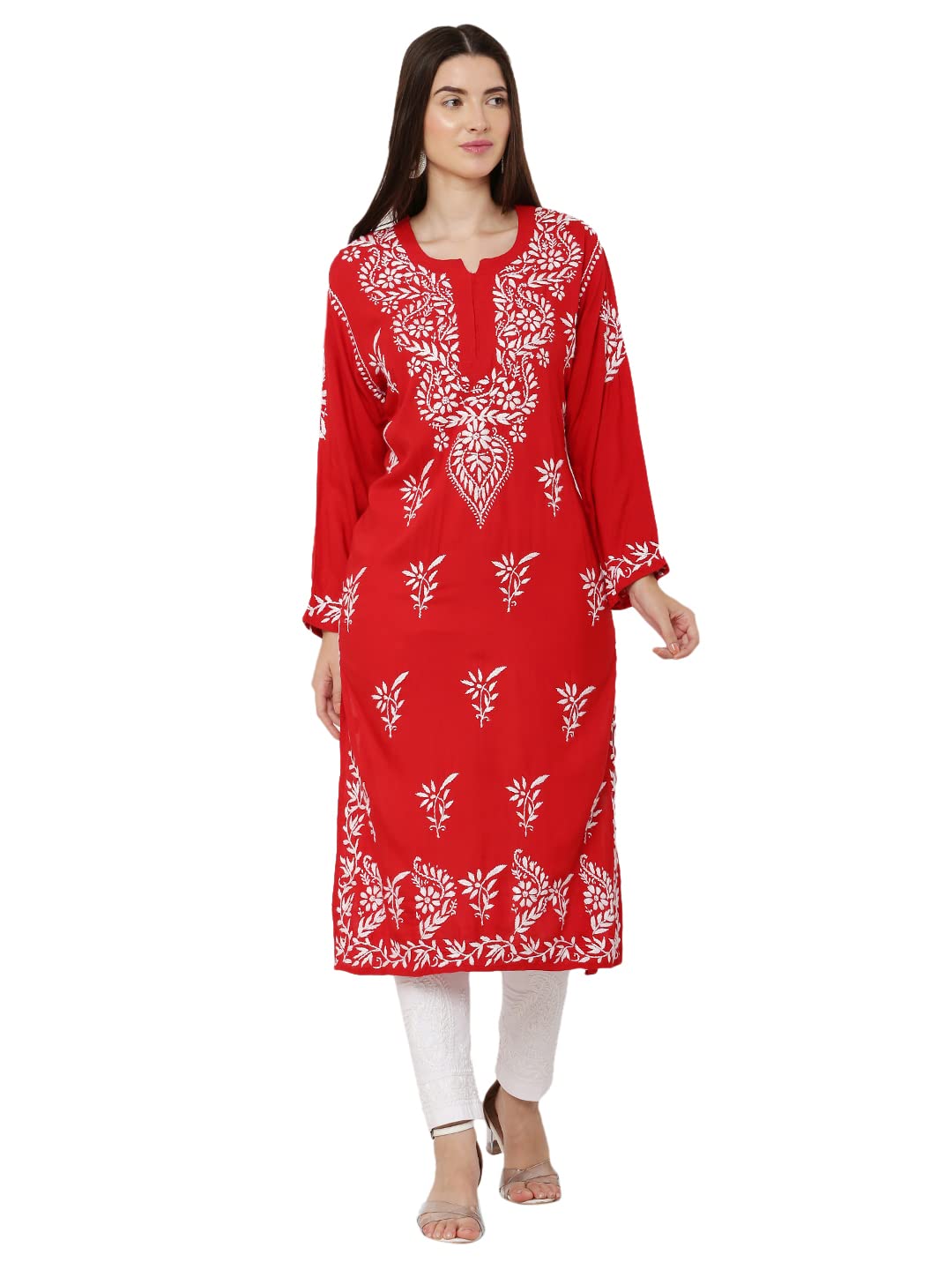 FAWOMENT Trendy Modal Straight Kurta with Impresively Designed and Hand Embroidered Lucknowi Chikankari for Women
