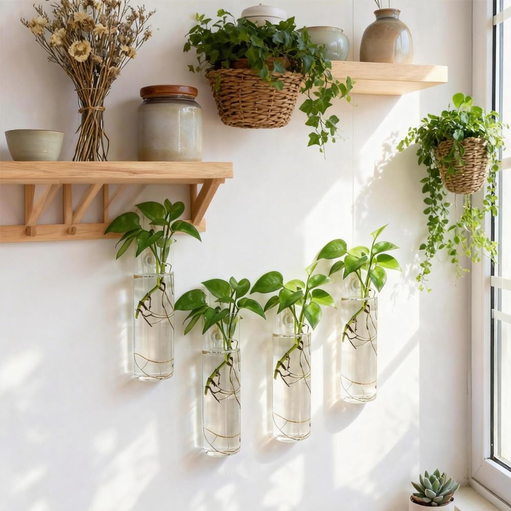 Wall Planters for Indoor Plants, 4 Pack Glass Wall Planters for Propagation, Hanging Terrarium Planters with Hooks for Hydroponic Plants, Flowers, Home Office Bathroom Decor