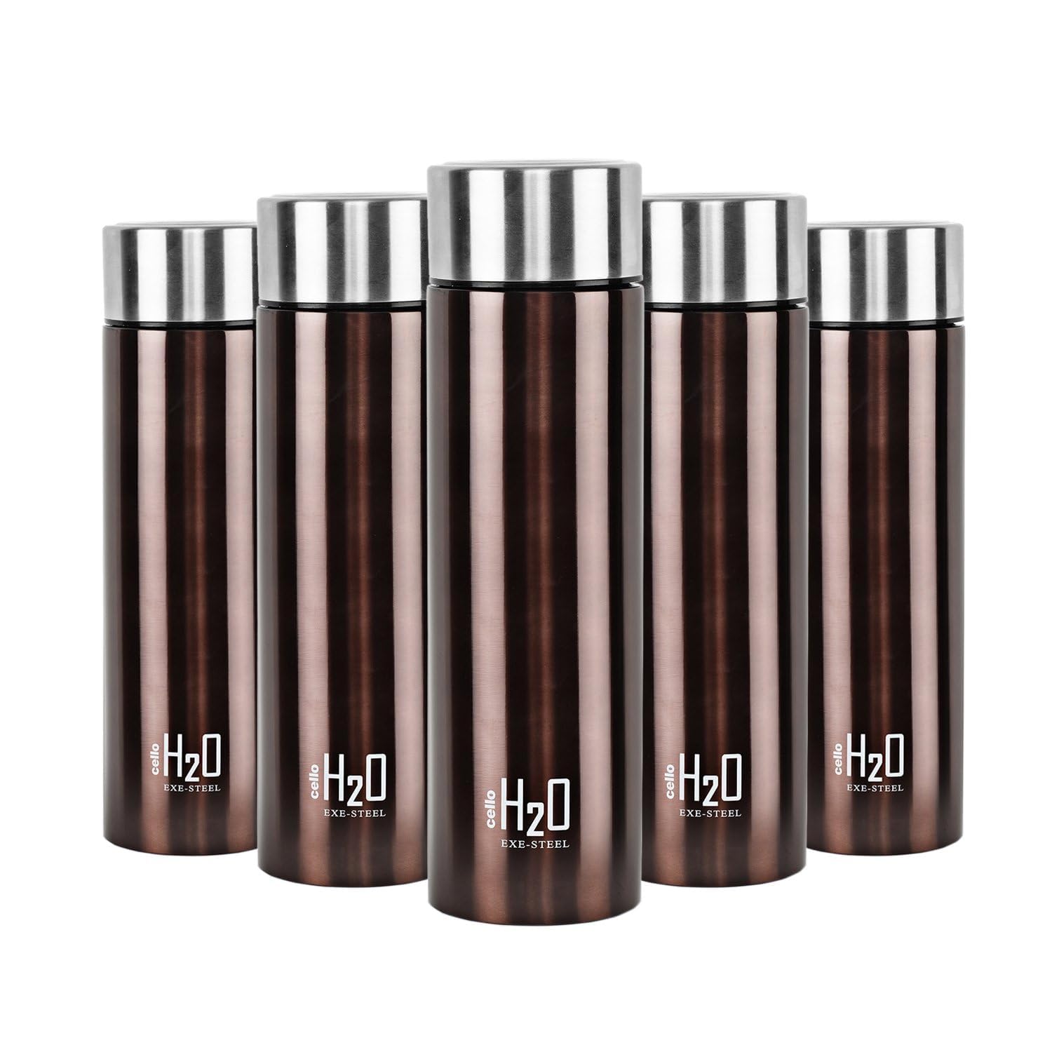 CELLO H2O Stainless Steel Water Bottle for Office & Daily Use Set of 5 Pcs, 1000 ml Brown | Single Wall Freezer & Fridge Safe, Lightweight Leakproof Rustproof Steel Water Bottle for School Gym Travel