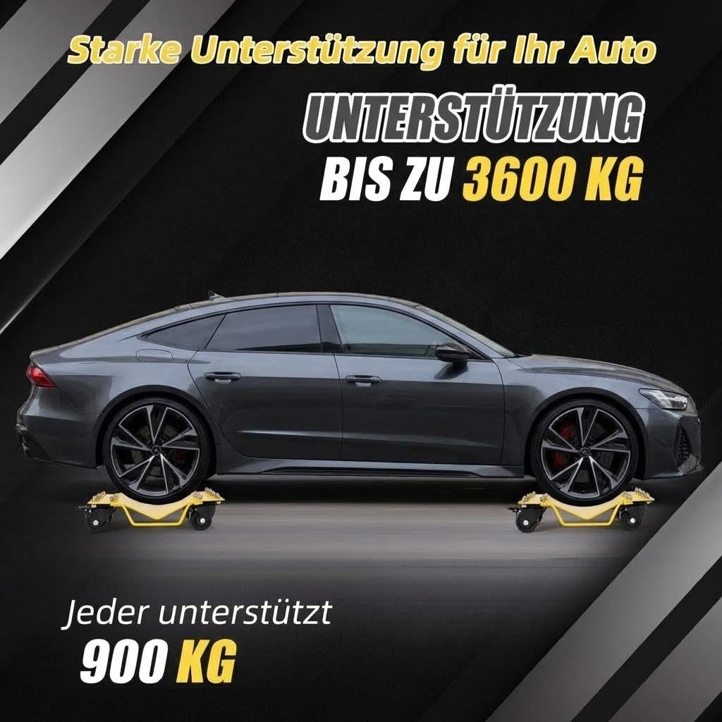 Auto Rangierhilfen Set 4tlg – Fahrzeug-Dolly Bis 3628 kg Tragkraft, 360° Drehbare Rollen, Mit Sicherheitsverriegelung, Rangierroller Für PKW, Motorrad, LKW & Boot, Werkstatt Garage, Gelb