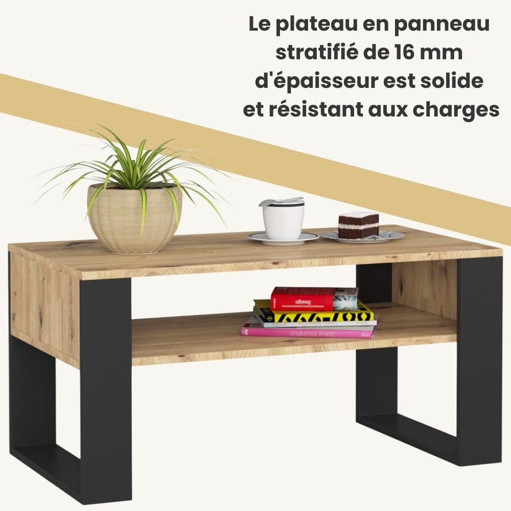 Table Basse DOMI Akord Avec Étagère - Chêne Sonoma Pieds Noirs - L92xH45xP53 Cm