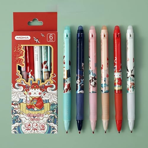 6 Packs Cartoon Pattern Pens Aesthetic Japanese Erasable Gel Pen Cute Black Ink Pen Kawaii Retractable Rollerball Pen (L,6 Packs)