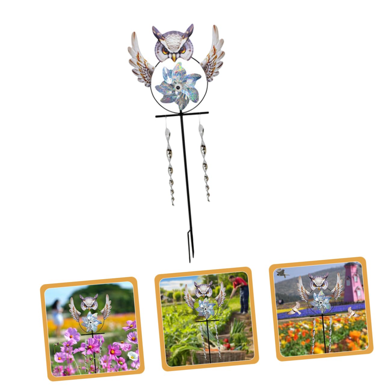 Happyyami Girandola Decorativa per Uccelli Metallo Forma di Gufo Spaventa Uccelli per Giardino e Cortile Facile da Installare Strumento per Scacciare Piccioni e Altri Volatili