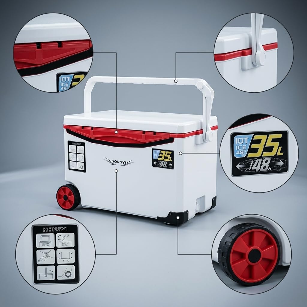 Frigo Portatile con Ruote per Pesca, Ghiacciaia Rigida 31-40L, Frigorifero Termico, Bianco