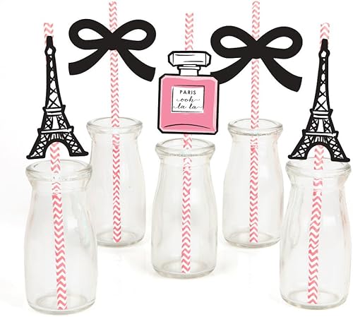 Big Dot of Happiness Paris, Ooh La - Juego de pajitas de papel con temática de París, para baby shower o fiesta de cumpleaños, 24 pajitas decorativas