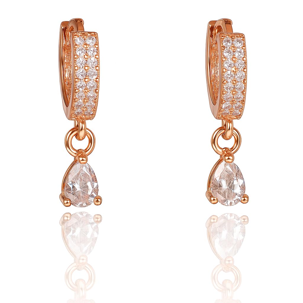 18k Rose Gold Plated Clip On Hoop Earrings, Stylish Women Earrings, Latest Fancy Zircon Copper Bali Earrings for Women and Girls (Drop design)