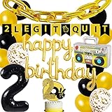 TWO LEGIT TO QUIT Boy 2nd Birthday Decorations - Black Gold 2 LEGIT TO QUIT Banner, Retro Gold Chains-Radio Boom Box-NO 2 Balloons Party Favor, CD 2nd Bday Cake Topper Party Favor for 50s 60s 70s 80s 90s