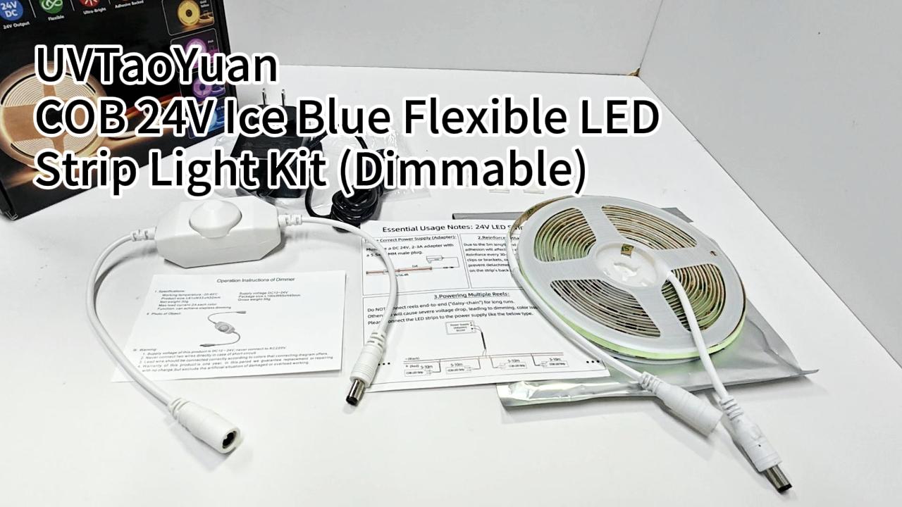 Image of LED Strip Lights 24V COB, ICE Blue, Dimmable led Lighting16.4ft (Kit) | Dotless High Density, 7.2W /m, 8mm Width, Cuttable Flexible for Home DIY Commercial decoration projects