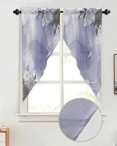 Miniatura 2 de Cortina con estampado de flores en mármol morado, cenefas de cocina, cortinas con bolsillo para barra, par de niveles, con estampado floral de