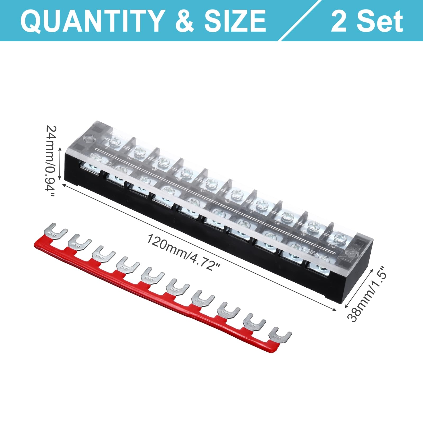 QUARKZMAN 2 Pcs Bloques De Terminales De Doble hila, 600V 45A 10 Posiciones Bloque De Terminales Con Tornillos Con 2 PCS Tiras De Barrera Preaisladas Para Sistema De Energía