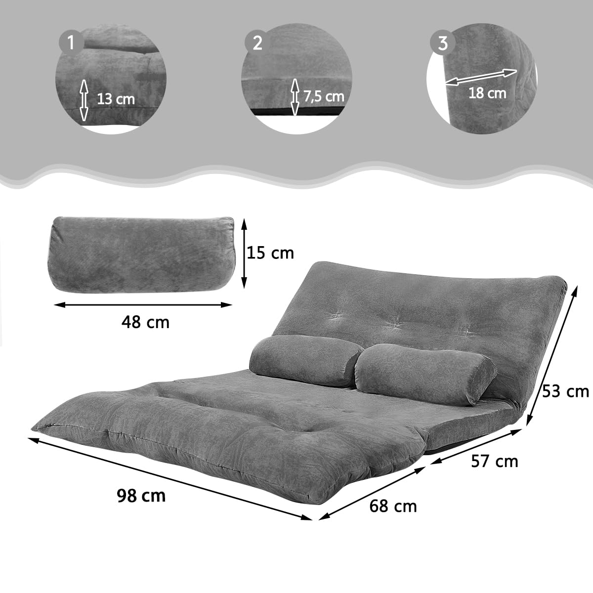 COSTWAY Klappbares Bodensofa, 3 in 1 Schlafsofa mit Schlaffunktion und Verstellbarer Rückenlehne, Sofabett mit 2 Lendenkissen, Klappsofa für Wohnzimmer & Schlafzimmer (Grau)