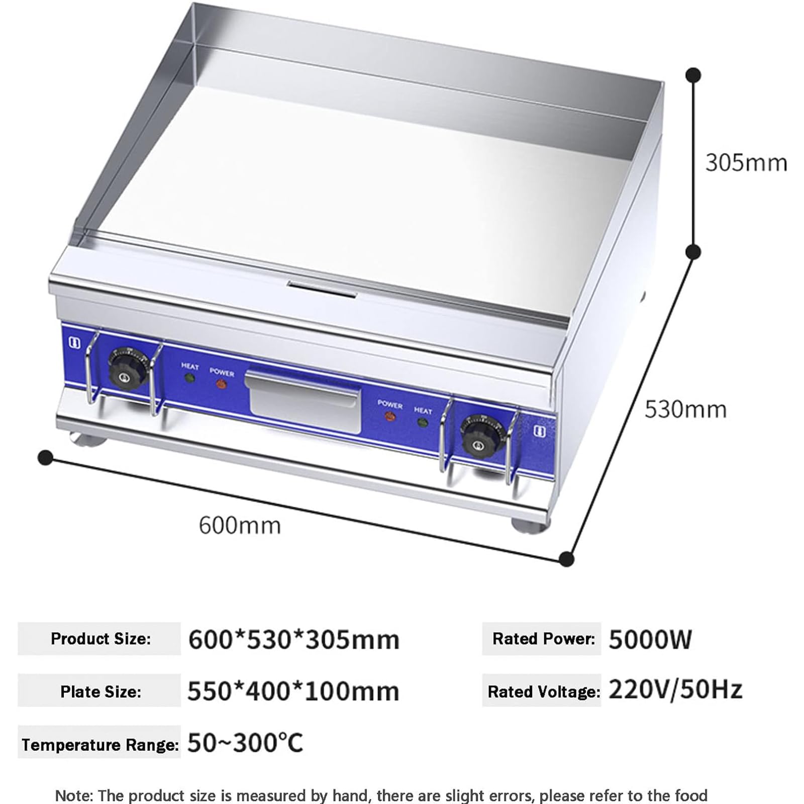 21.6 "X15.7 Encimera Eléctrica Comercial Plancha Plana De Servicio Pesado con Plancha De Hierro Grueso De 10 Mm Antiadherente Placa De Cromo para Uso En Restaurantes 220V/ 5000W