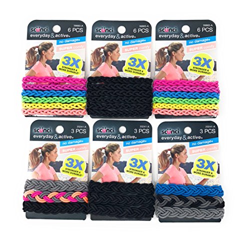 Scunci Everyday & Active Braided No Damage and Super Comfy Hair Elastics Bundle (Assorted Colors) - Small (3 PK x 6 Pcs) and Large (3 PK x 3 Pcs)