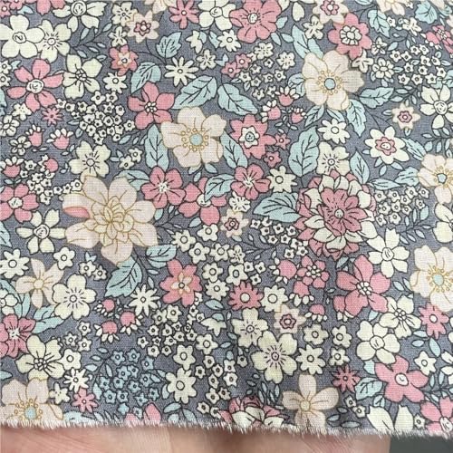 Tissu popeline de coton rétro bleu gris de créateur, impression numérique 145cm - 4