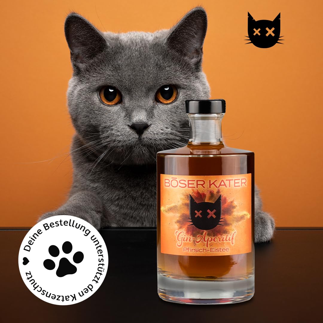 Böser Kater Pfirsich-Eistee Gin Aperitif Geschenkset mit 2 Gläsern 0,5l | Handgemacht & Ideal für erfrischende Sommer Cocktails | Das perfekte Gin Geschenk in hochwertiger Box 15,2% Vol.