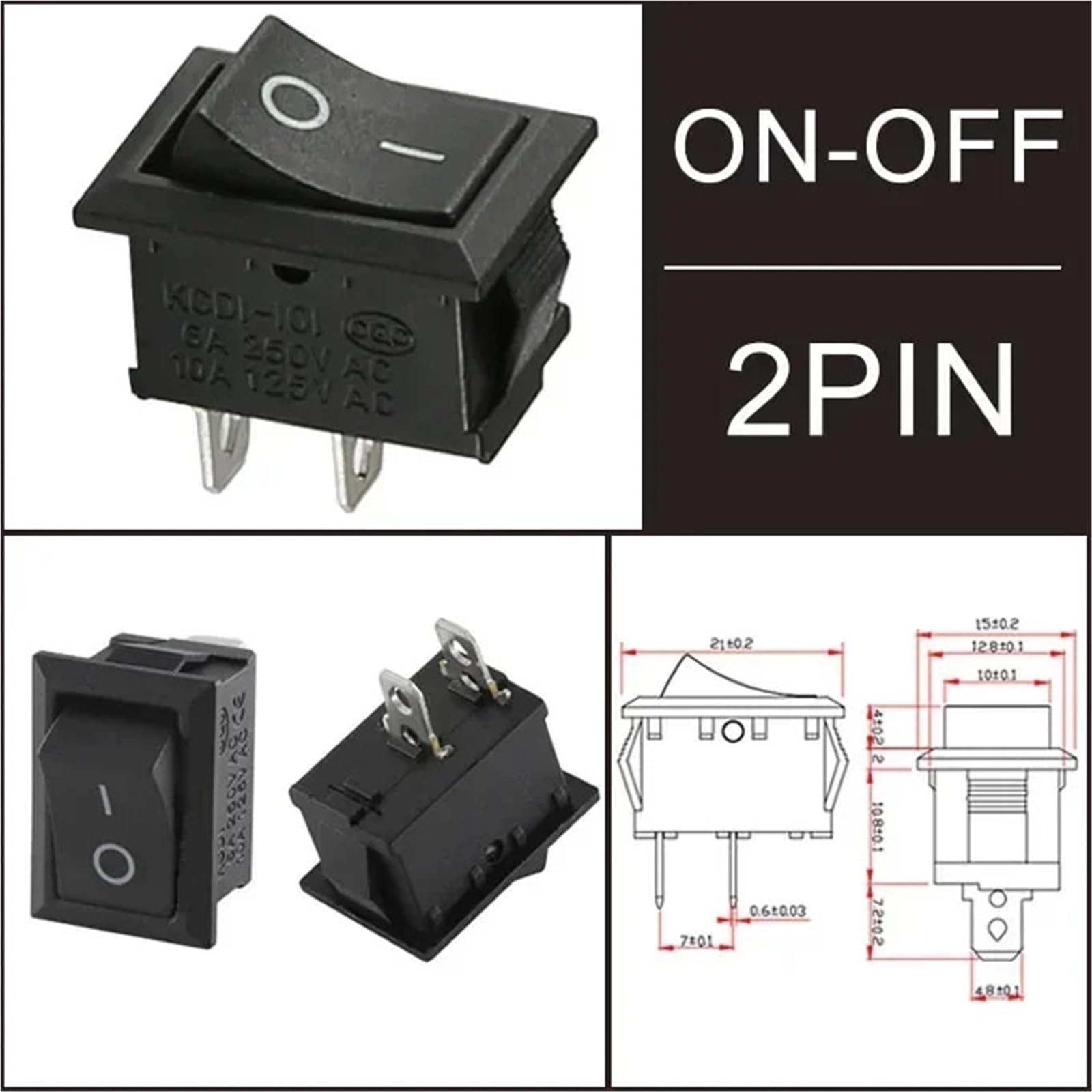 KCD1 2/3/4Pin 15 * 21mm EIN-AUS Boot Auto Wippschalter 6A 250V AC,10A 125V AC Netzschalter 10/100 stücke(Black 2Pin,10 PCS)