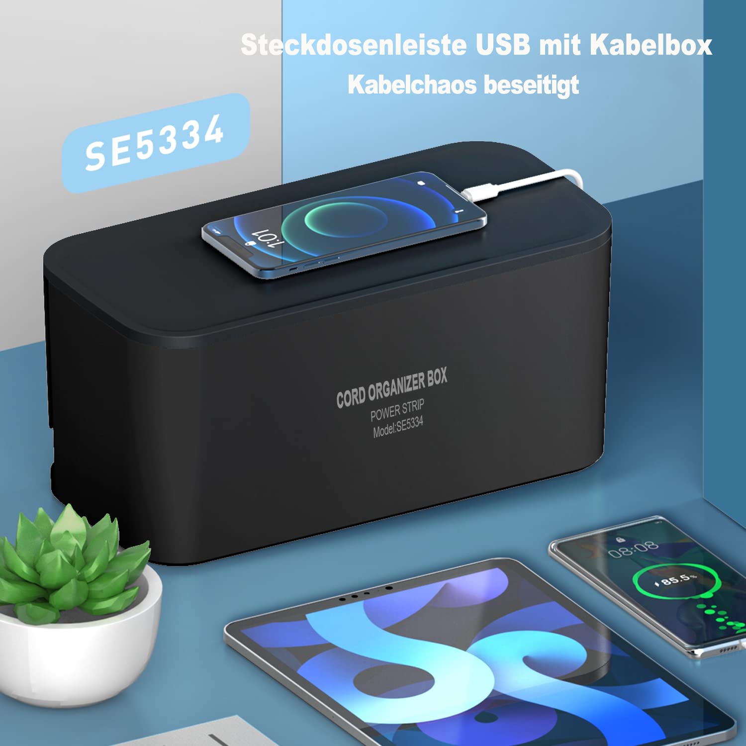Listwa Zasilająca USB z Skrzynka, Gniazdo USB z Gniazdami 5 i Portami USB 3, Zabezpieczeniem przed przepięciem, Adapter do gniazdka (2500 W), 29,5 x 14 x 14 cm (Czarna, Kabla 3M)