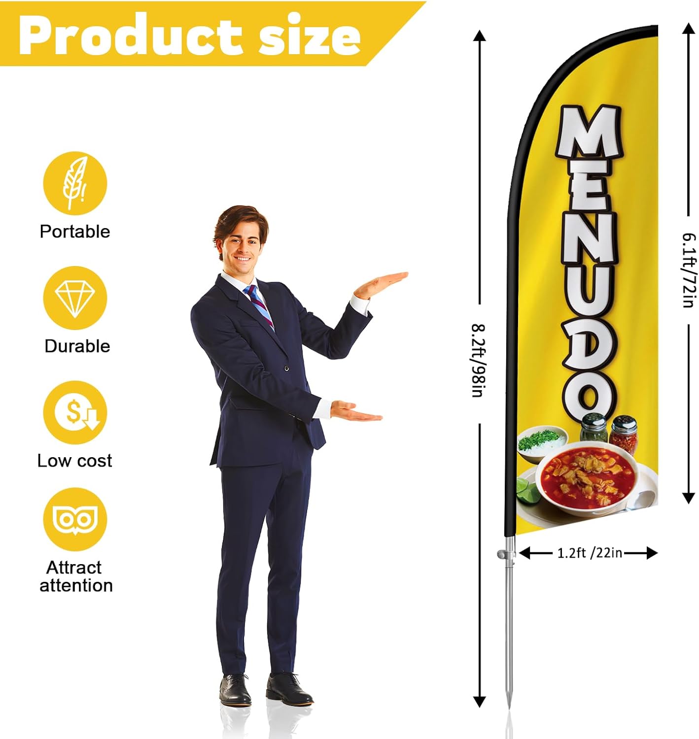 Menudo Feather Flag Banner, 8FT, Polyester, Aluminium Alloy Pole Kit, Stainless Steel Ground Spike, Portable Bag
