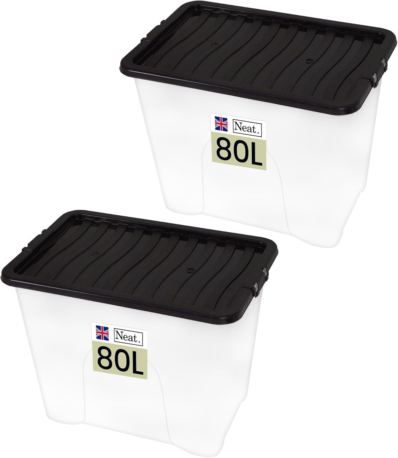 Neat. Plastics Large Plastic Storage Box With Black Clip-On Lids, Durable & Stackable Organizing Box Container For Home, Garage & Office, Set of 2