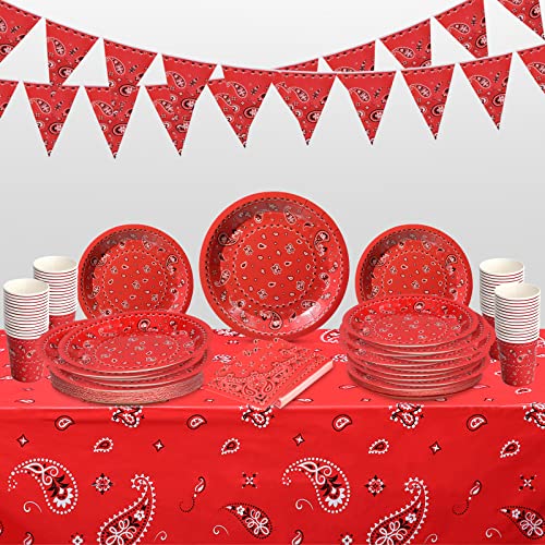 123 Pcs Western Cowboy Party Decorations, Wild West Birthday Decorations Tableware Set, Cups, Plates, Napkins, Banner & Tablecloth for Cowboy Themed Party Ideal for Bbqs, Baby Showers(Red)