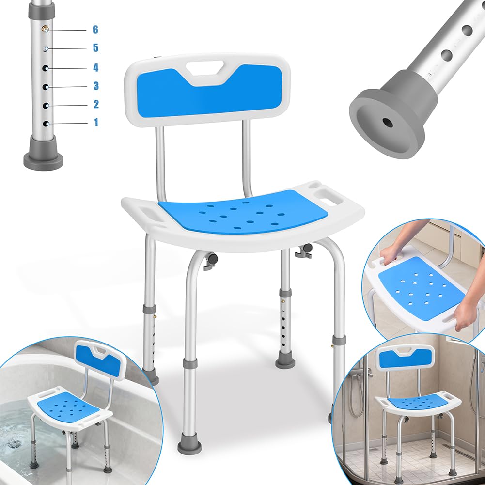 BAKAJI Taburete de ducha con respaldo para personas mayores, discapacitados y personas con movilidad reducida, estructura de aluminio antideslizante, silla orificios de drenaje y altura ajustable