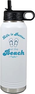 Palm City Products Life is Better at the Beach 32 oz White Water Bottle – Coastal Lifestyle Tumbler with Flip Top Lid – Insulated Beach Hydration Bottle