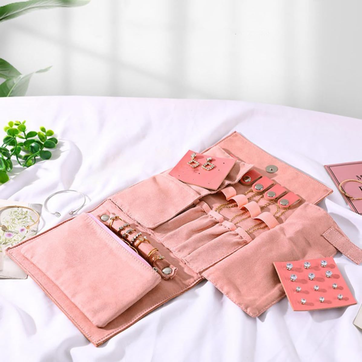Angoily Jewelry Pu Bag Multifunction Organizer Travel Roll Lightweight Material Jewelry Storage Pouch with Flocking, Small and Portable Design for Travel and Journey