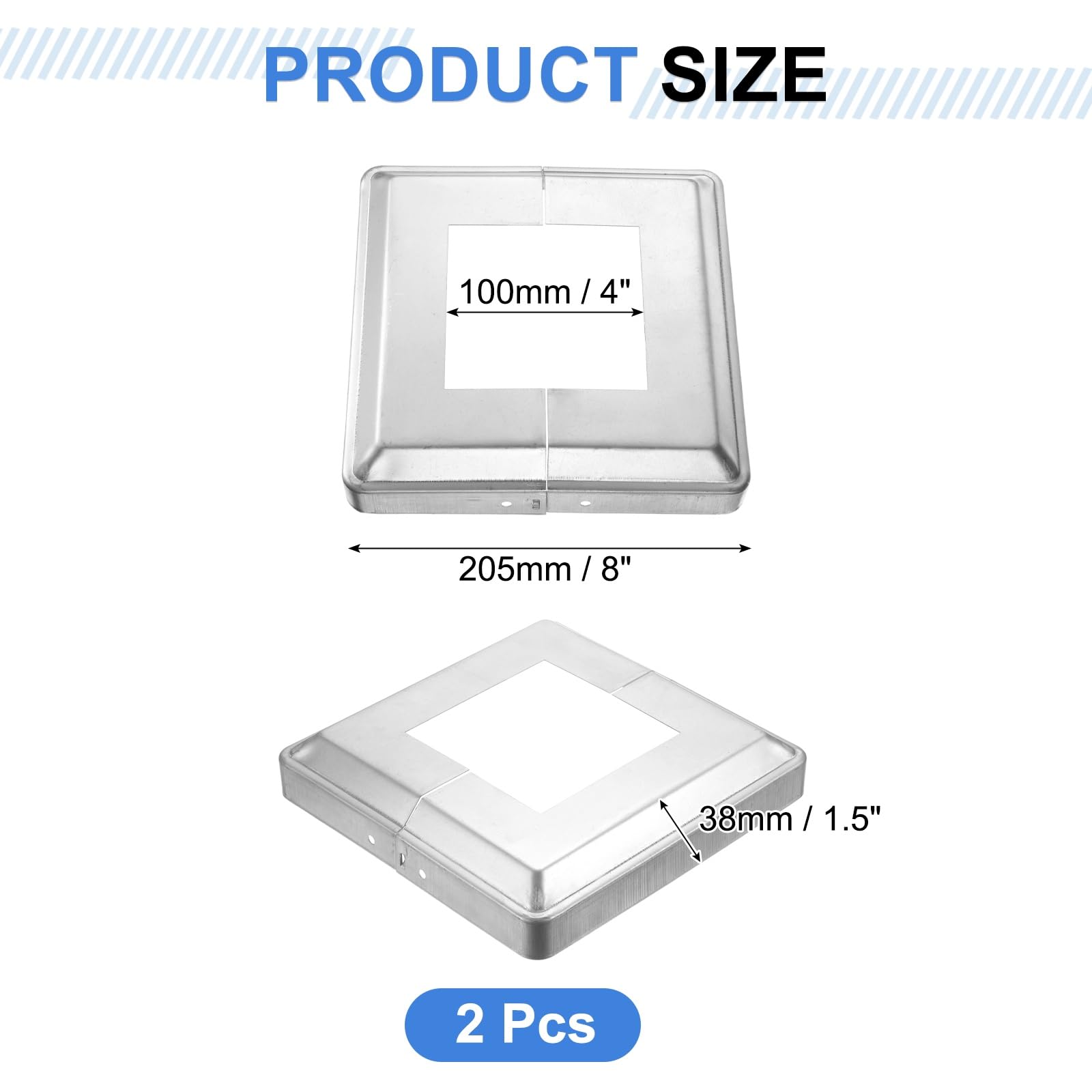 sourcing map 2 coperture per base per palo, 20 x 20 cm (dimensioni interne 10 x 10 cm), gonna in metallo a spacco per colonna, copertura per colonna, ringhiere per cavi, ringhiere per scale, argento