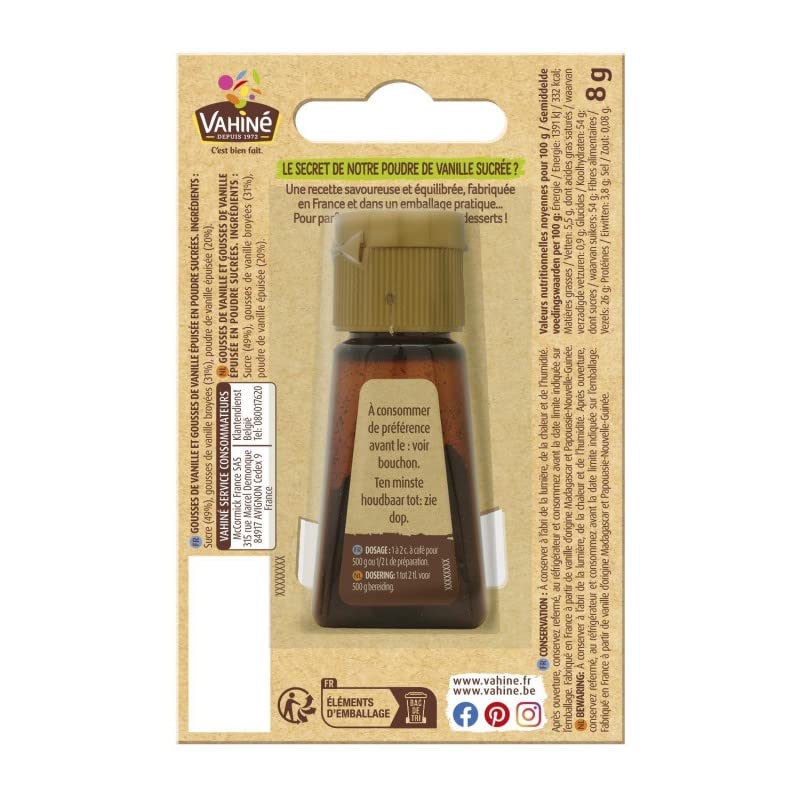 Poudre de vanille sucrée pour pâtisseries Vahiné - Sachet de 8g pour une saveur intense et sucrée - Idéal pour vos préparations de gâteaux maison. - Lot De 3 - Vendu Par Lot