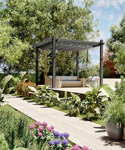 10 x 10 Ft Aluminum Pergola, Outdoor Metal Gazebo with Adjustable Canopy, Reinforced Frame Outdoor Shelter for Backyard, Patio, Lawn and Deck - Grey
