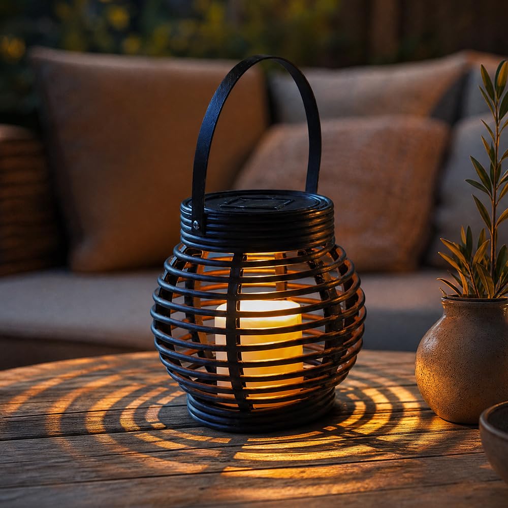 Yofhpt Black Solar Lanterns Outdoor Garden, Solar Powered Flame Lantern, Solar Powered Rattan Effect Lantern,Waterproof Outdoor Solar Lanterns For Yard Pathway Patio
