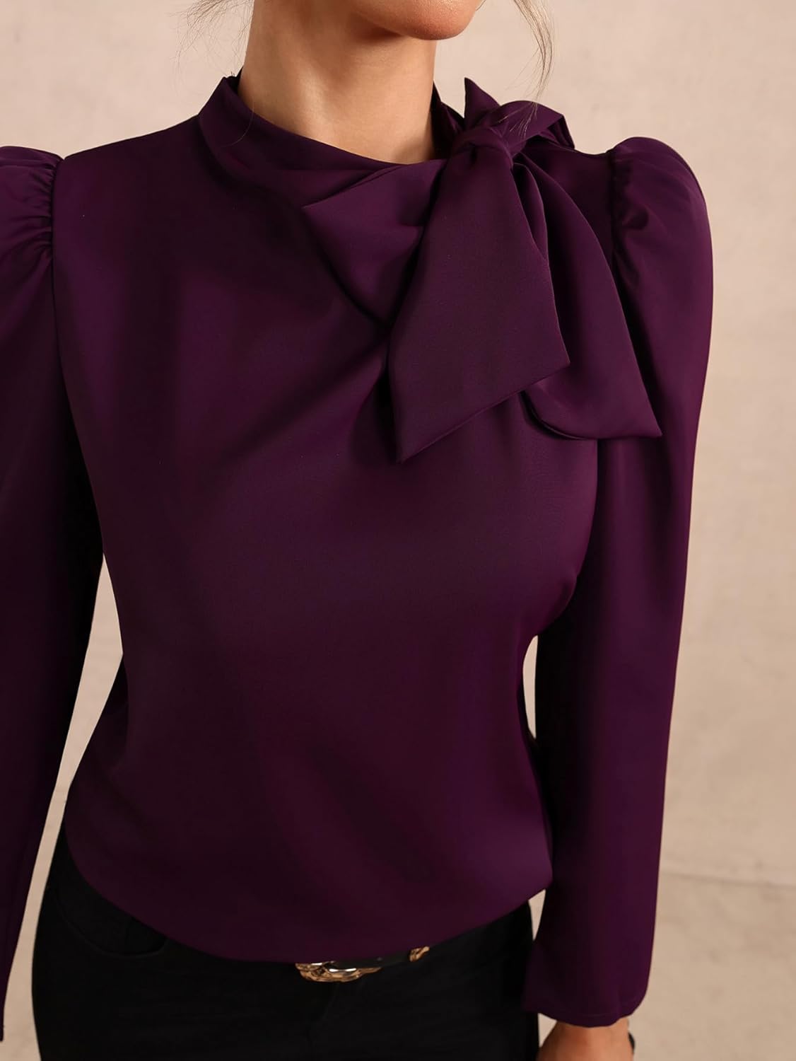Women's Bow Tie Blouse Puff Long Sleeve Work Shirts Elegant Tops - Image 3