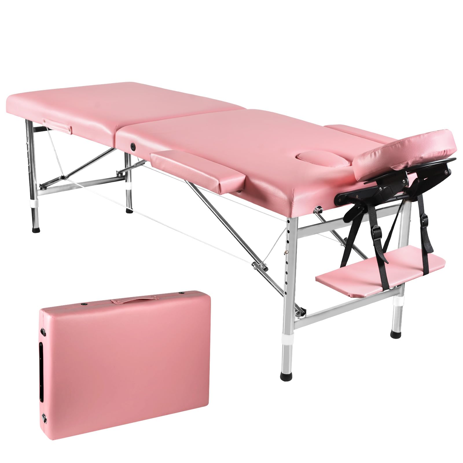 Massage Table Portable Height Adjustable Massage Bed Lightweight Foldable Spa Lash Tattoo Esthetician Bed 24" Wide Aluminum 2 Fold with Carrying Case (Pink)