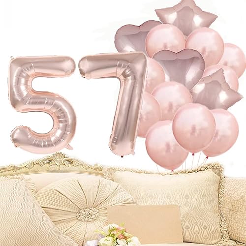 Miniatura 6 de Decoraciones de cumpleaños número 57, globos de oro rosa con el número 57, globos de aluminio de Mylar 57, decoración de globos de látex, gran