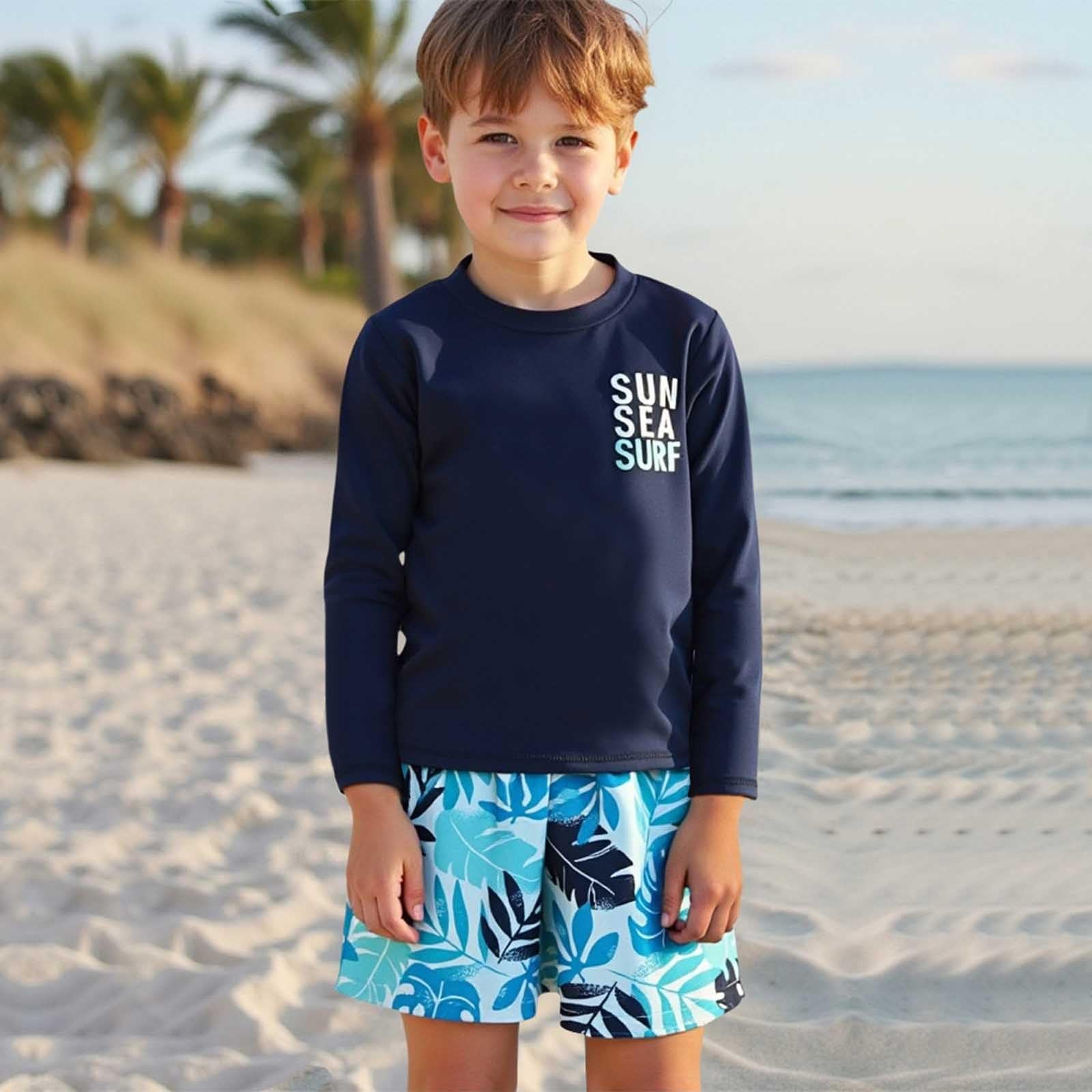 Générique Maillot de Bain pour garçon, Manches Longues, Rashguard, avec Short Assorti, Tenue de Plage, de Surf, de Piscine, pour Tout-Petits, été