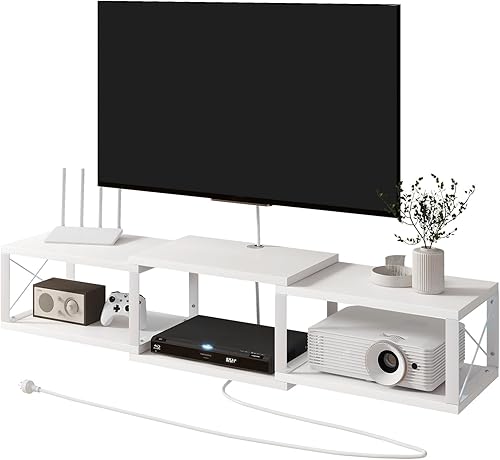 Miniatura 11 de IBUYKE Soporte flotante para TV montado en la pared con toma de corriente, moderno estante de consola de madera montado en la pared, centro de