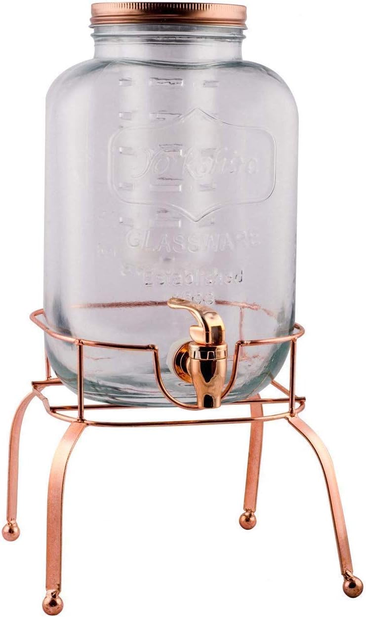 Glass Cold Beverage Dispenser Set with Chalkboard & Metal Stand for Water, Juices, Mocktails, Beer 5 LT (Gold, Large)