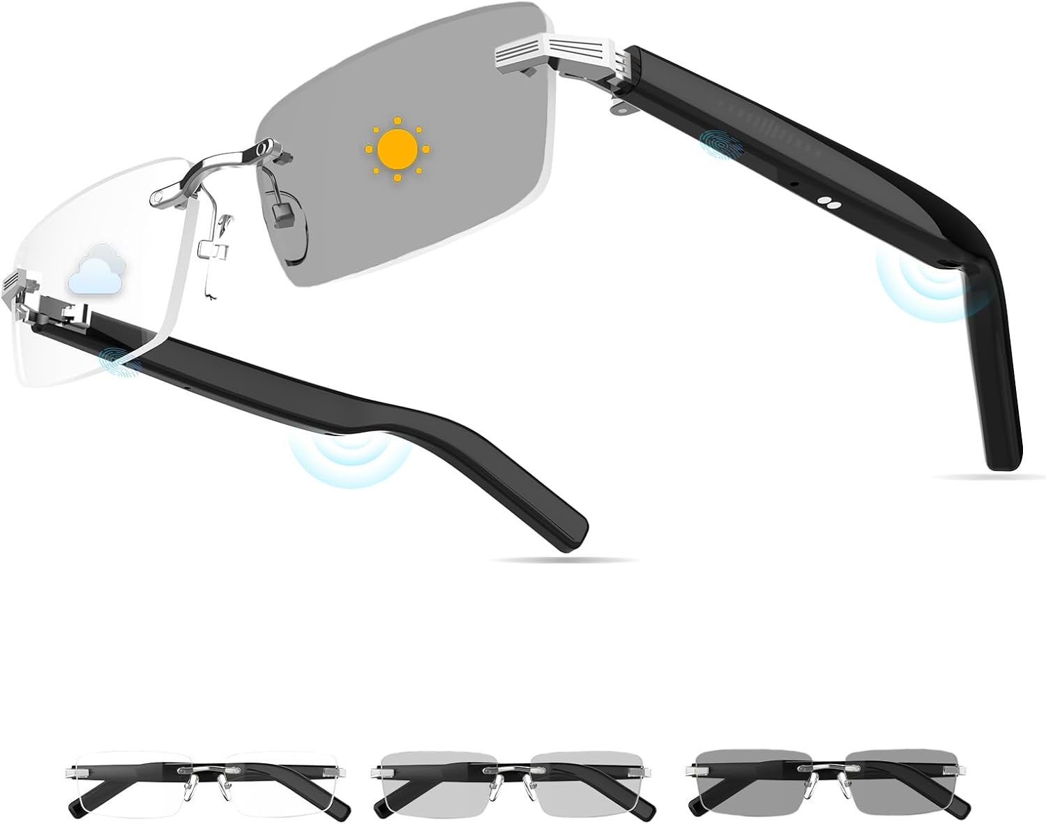 Smart Glasses,Rimless Photochromic Bluetooth Glasses with Speaker&Open-Ear HD Sound Mic- UV400 Protection, Voice Control & Hands-Free Calls,Unisex Safety Sunglasses for Music/Driving