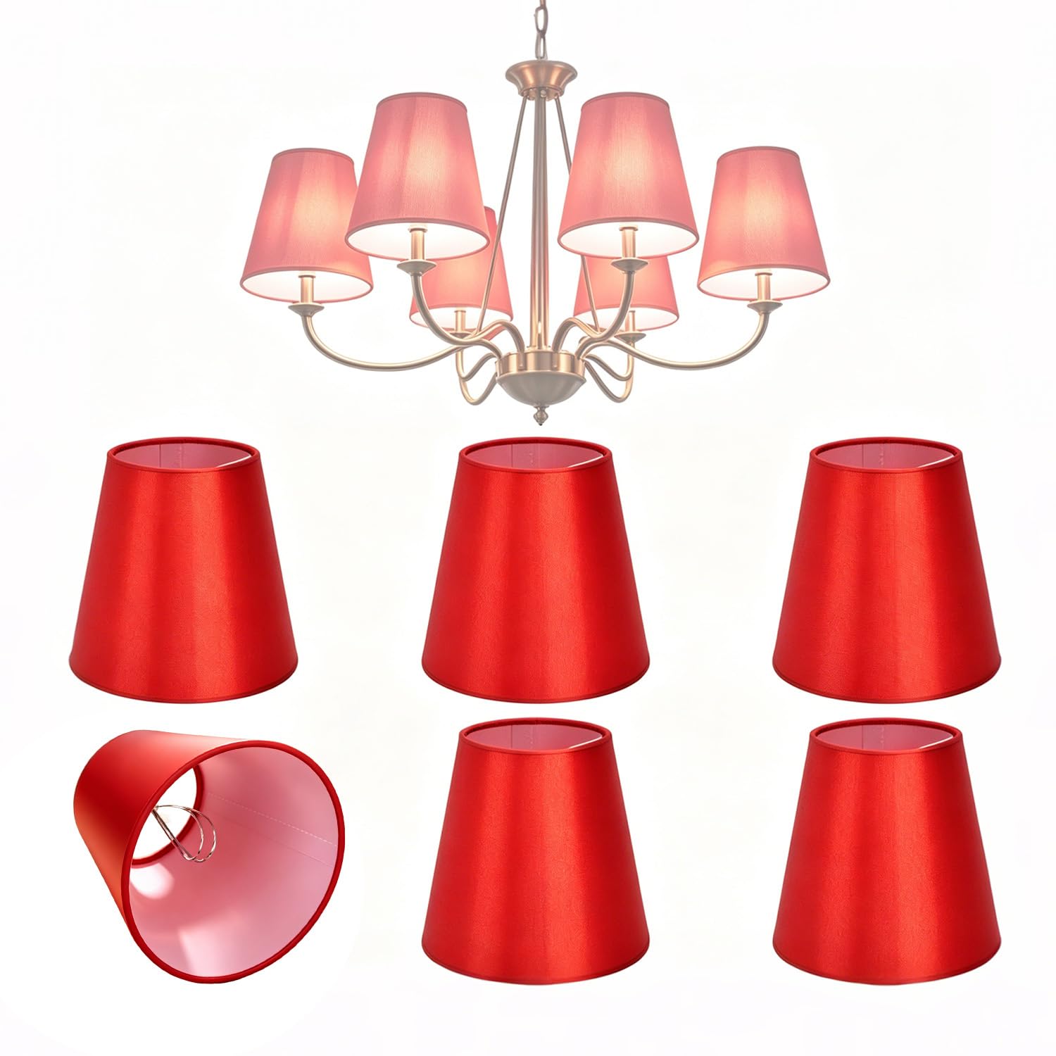 6 Pack E14 Small Lamp Shades, Fabric Lampshade for Table Lamps (Red) — image 1