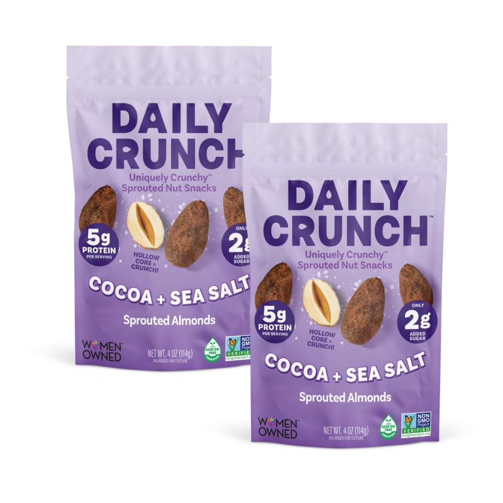 Daily Crunch Sprouted Almonds and Dehydrated nuts for a Unique Crunch, Keto Friendly, Non-GMO Zero Seed Oils, Gluten Free 4oz (2 Pack, Cocoa & Sea Salt)