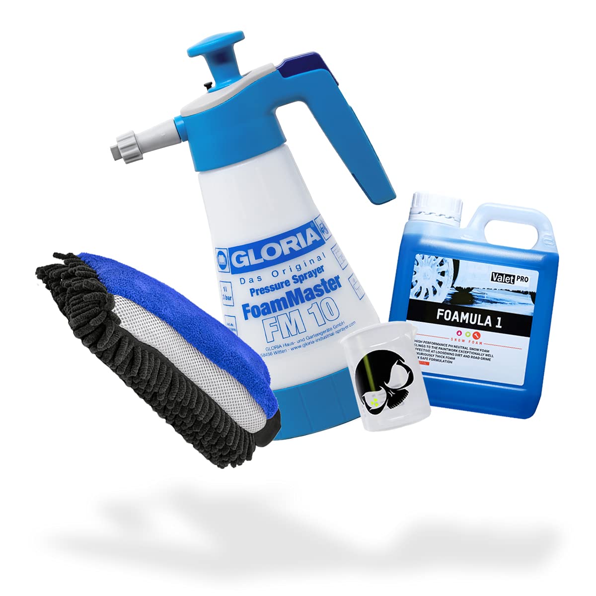 detailmate Auto Vorwäsche Set: ValetPRO Foamula 1 Snow Foam 1 Liter + Gloria Foam Master FM10 Schaumsprüher 1 Liter + 3in1 Chenille Waschhandschuh + Griffin Messbecher 150 ml skaliert
