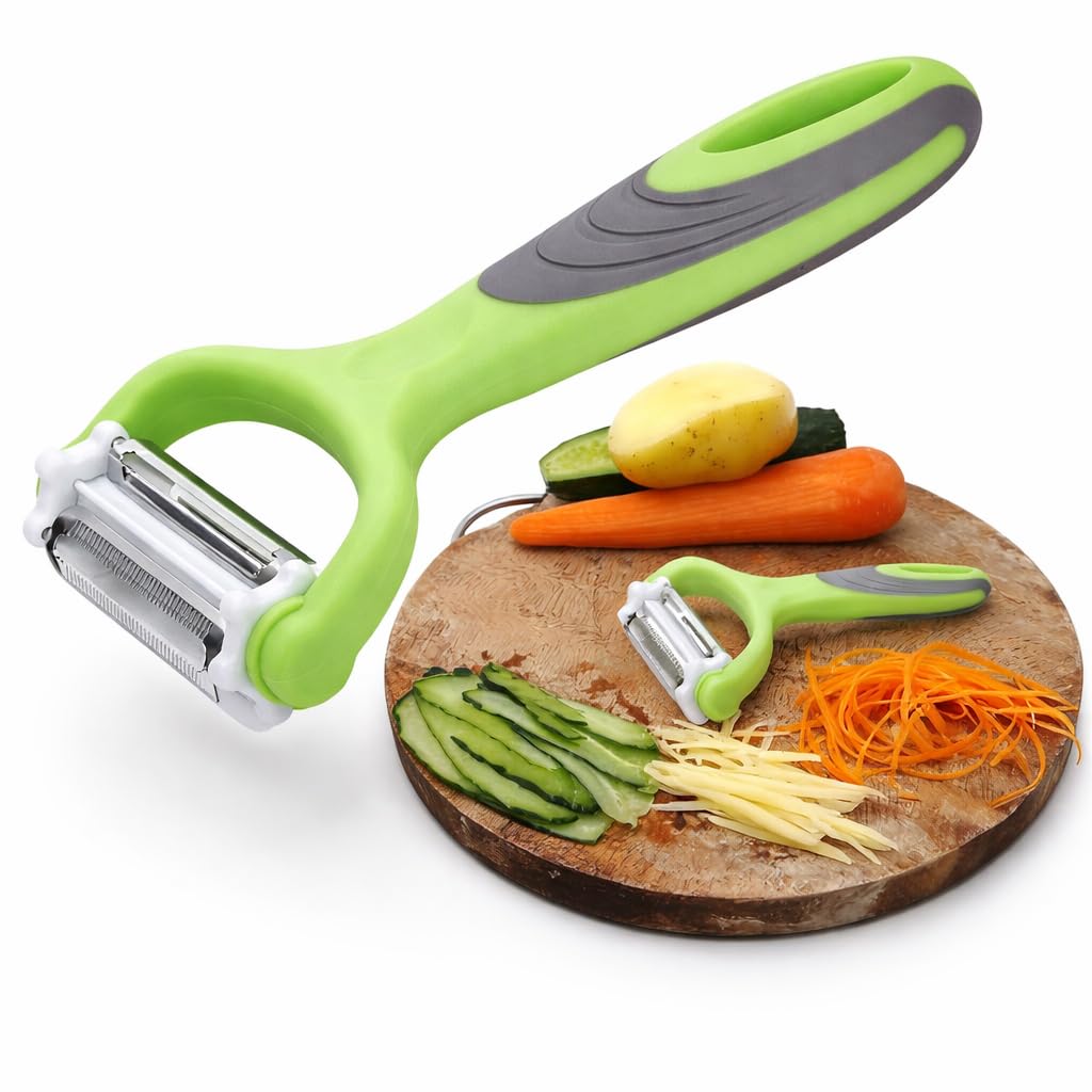 3 in 1 Vegetable & Fruit Peeler with Stainless Steel Blades | Multi Blade Manual Kitchen Tool for Peeling, Julienne & Slicing Carrot, Potato, Cucumber & More | (Green) (Pack of 1)
