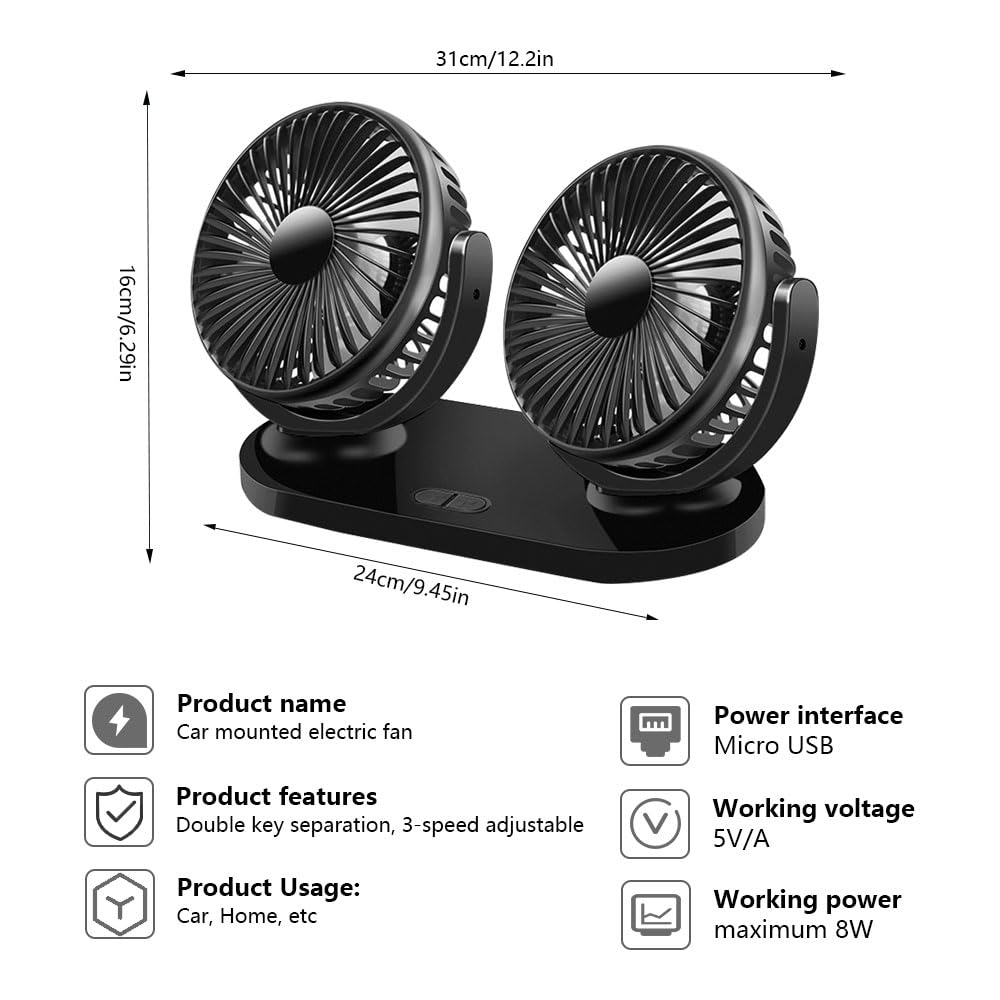 Doppia Teste Ventilatore per Auto 5V, Ventola di Raffreddamento a 3 Velocità, Ventola di Raffreddamento per Auto Girevole a 360 Gradi per tutti i veicoli familiari, furgoni, camper, ATV
