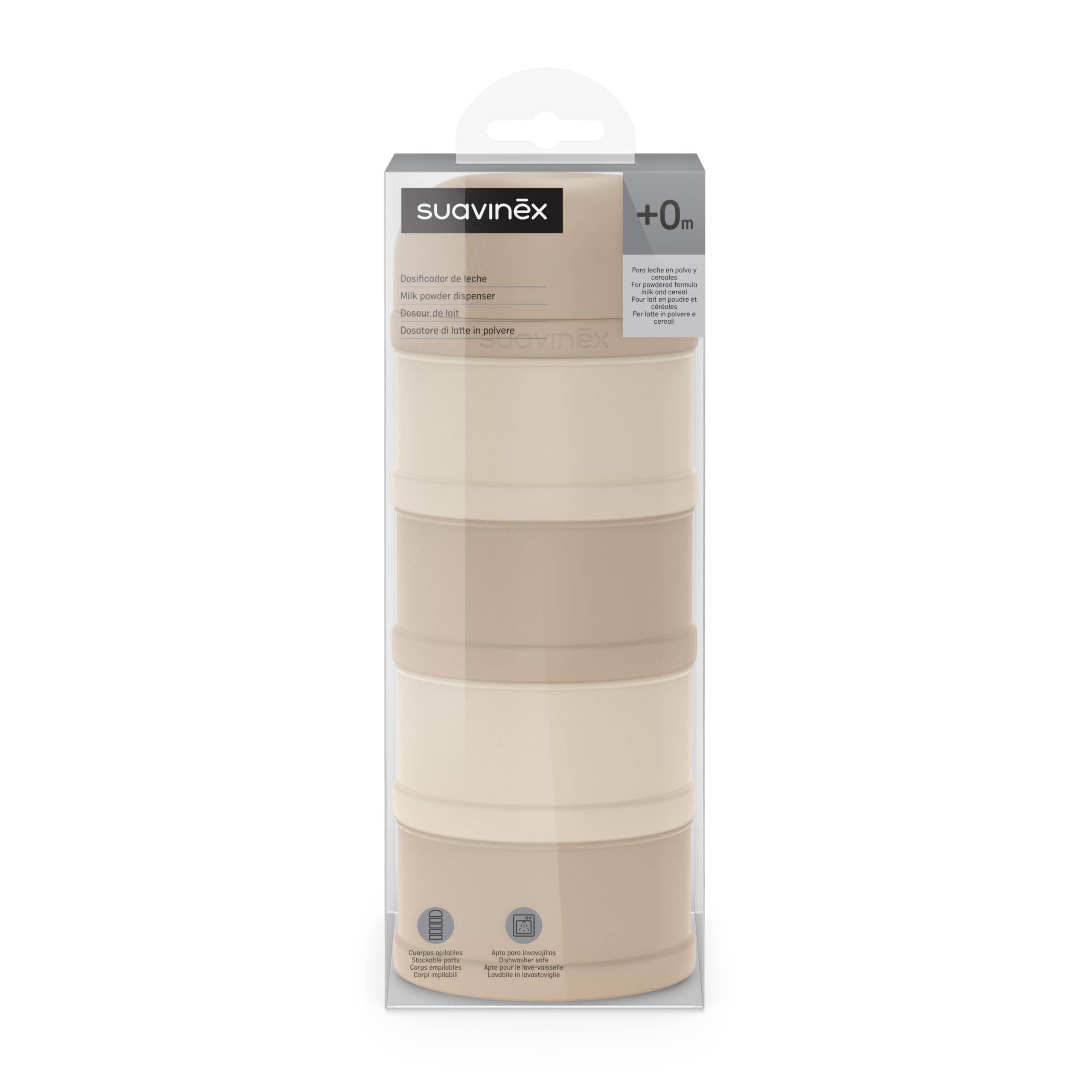 Suavinex, Milchpulver Portionierer & Snackbox: 4 Fächer stapelbar, Pulverdose mit Ausguss, Schraubverschluss, Luftdicht, Spülmaschinenfest, für Baby Babysnacks & Milchnahrung, 0+ Monate, Beige - 5