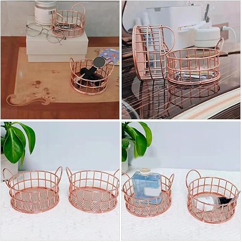 Miniatura 7 de Cestas de escritorio de hierro de oro rosa, cesta de almacenamiento de alambre de metal, cestas de almacenamiento de escritorio de hierro con asa