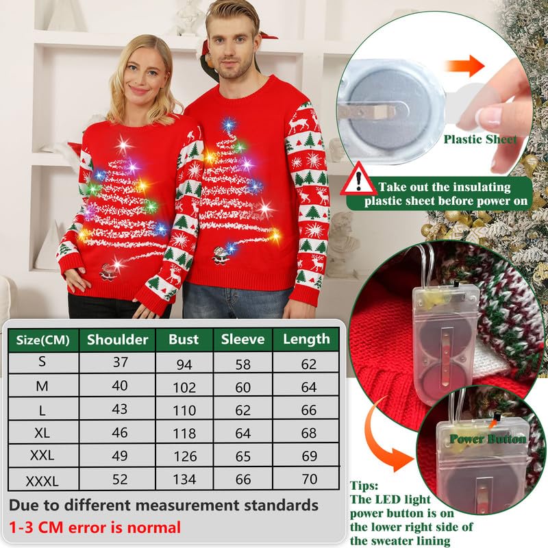 Kouric Maglione Natalizio Donna con Luci, Maglione Natale LED Divertente, Maglioni Natalizi Famiglia Coppia Luminoso Maglioncini di Natale Brutti, Ugly Christmas Sweater per Adulti/Bambina