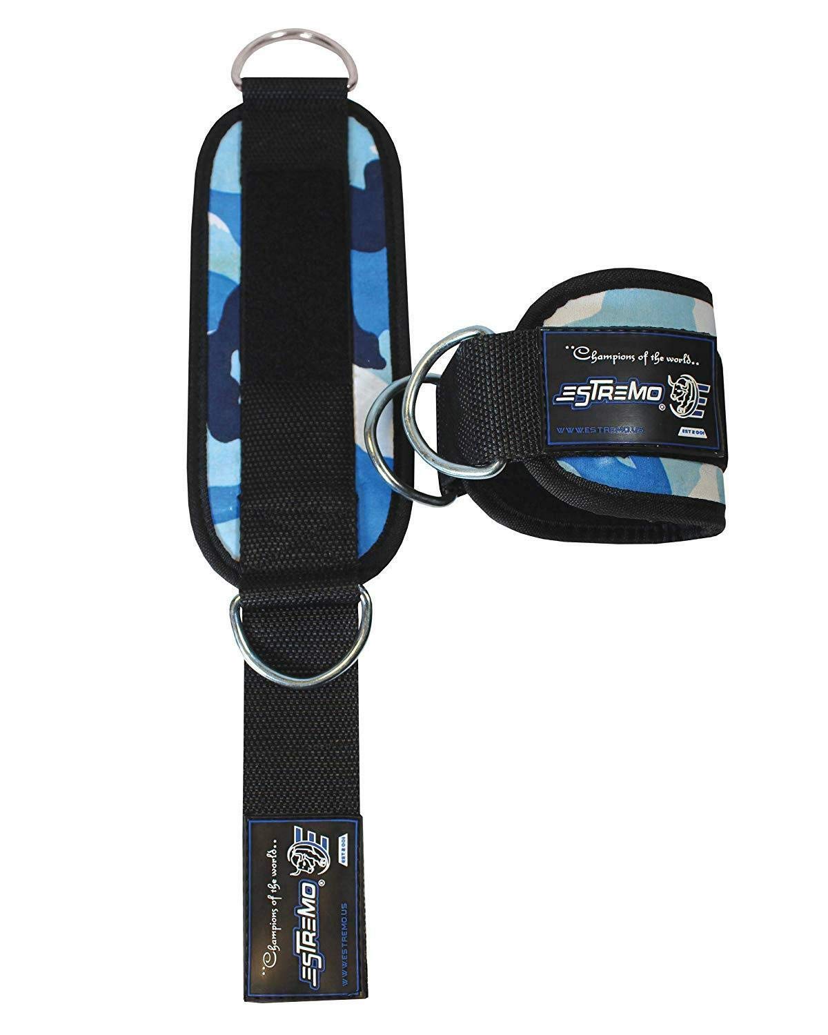 ESTREMO Ankle Straps for Cable Machines- Adjustable Comfort fit Neoprene Strap with Stainless Steel D-Ring for Glute & Leg Workouts - for Women & Men (Pair, Camouflage-Blue)